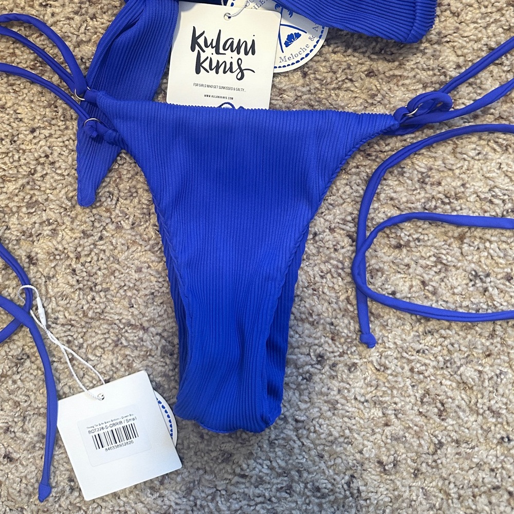 Kulanis Kinis Thong Tie Side Bikini Bottom - Ocean Blue Ribbed - Small
